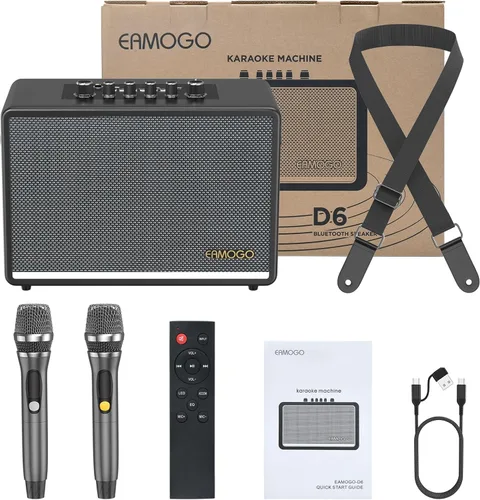 Miniatura 9 de Altavoz Bluetooth portátil con 2 micrófonos inalámbricos, gabinete de madera de abedul de graves profundos de 70 W, sistema PA Bluetooth para Negro
