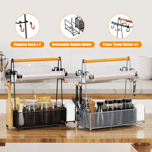 Miniatura 3 de PHINOX Organizador de utensilios con asa y portarrollos de toallas de papel, organizador de cubiertos y condimentos para fiestas, pícnic y Negro