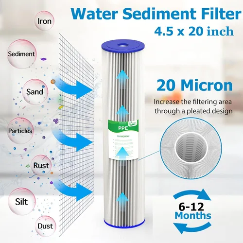 Miniatura 2 de Cartucho de repuesto de filtro de agua para toda la casa de 20 micrones y 20 pulgadas, filtros de agua plisados de sedimentos de 4.5 x 20 pulgadas