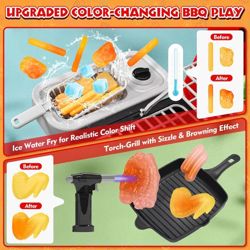 Miniatura 9 de Juguetes de cocina para niños de 86 piezas: juego de parrilla para niños con humo, sonido, luz, UV y agua que cambia de color, juego de cocina