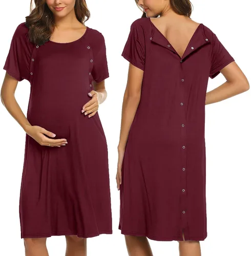 Ekouaer - Camisón con botones y manga corta para mujer, vestido para lactancia, parto, hospital y maternidad, tallas S-XXL
