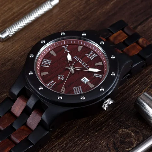 Miniatura 5 de Bewell Reloj de pulsera luminoso de cuarzo analógico hecho a mano para hombre
