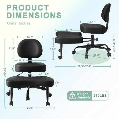 Miniatura 2 de GUNJI Silla de oficina ergonómica con patas cruzadas, silla de meditación giratoria de 360° con ruedas, silla para TDAH con reposapiés, soporte Negro