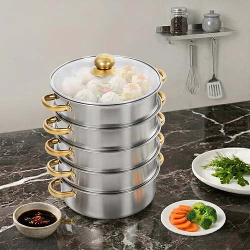 Miniatura 4 de Steamer Pot,5-Tier Stainless Steel Stockpot Steamers with Glass Lid and Anti-Scalding Handles,Polishing Steamer Cookware Pot for Induction Cookers