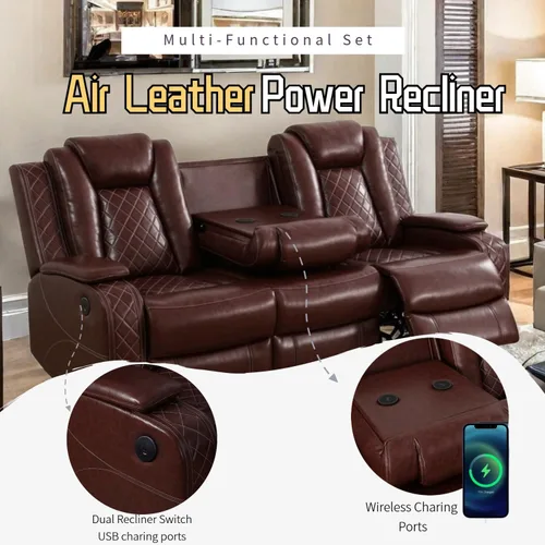 Miniatura 3 de Juego de sillón reclinable eléctrico con luces LED, juego reclinable de cuero sintético con puerto USB/cargador inalámbrico/consola de Borgoña