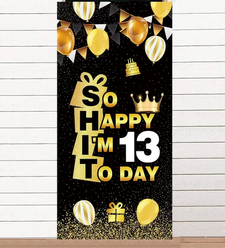 So Happy I'M 13 Today - Pancarta de fondo de oro negro con corona de hallo decimotercera alegría a 13 años de edad, decoración temática para hombre