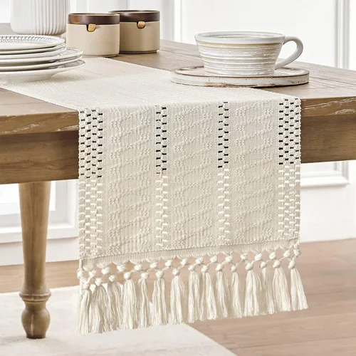 Miniatura 8 de ZeeMart Camino de mesa bohemio estilo macramé, caminos de mesa blancos de 108 pulgadas de largo, decoración del hogar tejido de granja, 12 x 108