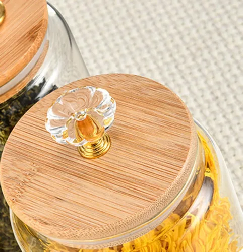 Miniatura 4 de 123Arts Recipiente de vidrio para almacenamiento de alimentos Tarro de especias de plato de caramelo con tapa de madera Mediano