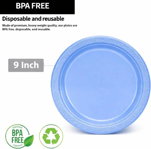 Miniatura 2 de Plato de plástico de color liso azul claro de alta calidad (9 pulgadas), 50 unidades, elegante y duradero, perfecto para fiestas, bodas y uso diario