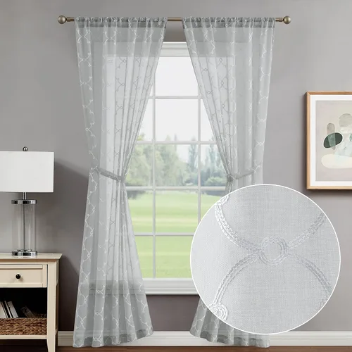 Miniatura 17 de Creative Home Ideas Cortinas transparentes (2 paneles, 38 x 63 pulgadas, azul), paneles de cortina geométricos bordados con alzapaños, cortinas