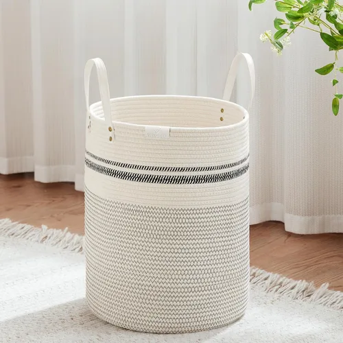 Miniatura 18 de VIPOSCO Cesta alta para ropa sucia, cesta grande para ropa sucia con mango de cuero, cesta de almacenamiento de cuerda tejida para manta, juguete