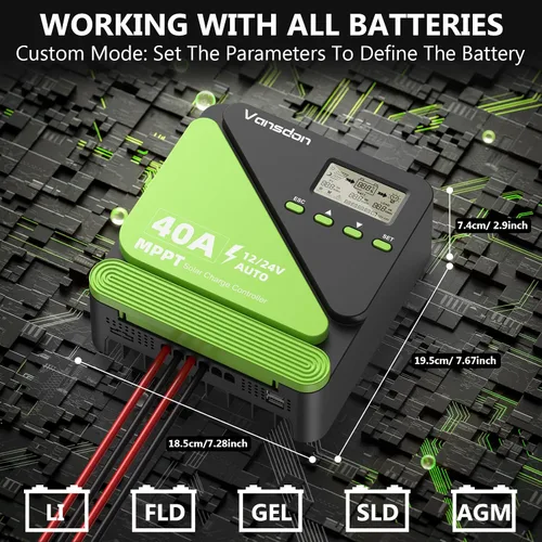 Miniatura 8 de Vansdon Controlador de carga solar de 40 A, controlador de carga solar MPPT de 12 V/24 V, LCD ajustable con temporizador, puertos USB duales