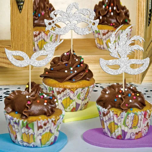 Miniatura 5 de Gyufise 24 máscaras de mascarada para cupcakes con purpurina plateada, máscara de despedida de soltera para cupcakes, decoraciones para bailes