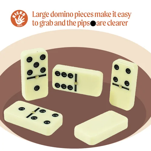 Miniatura 7 de Kicko Juego de dominó clásico de alta calidad, tamaño jumbo, doble seis, 28 piezas gruesas en caja de cuero vegano de madera duradera para niños