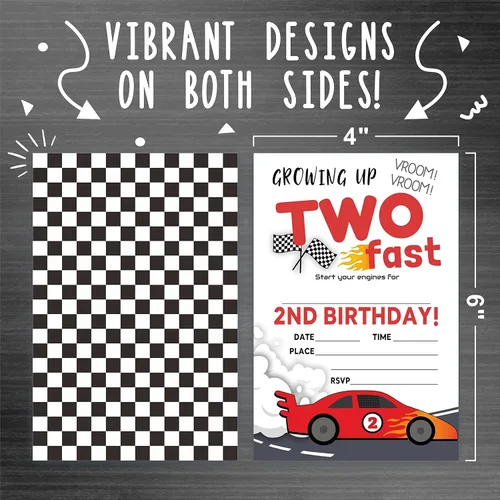 Miniatura 3 de Invitación de fiesta de cumpleaños de coche de carreras de 2ª, creciendo dos invitaciones rápidas de fiesta para niños, adolescentes, niños y niñas
