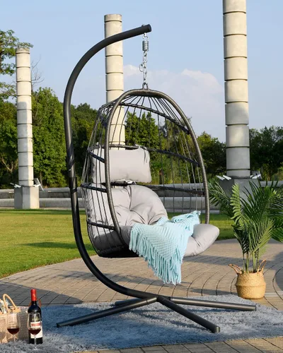 Miniatura 9 de FREDEES Silla colgante con forma de huevo con soporte, silla colgante de exterior con cojín para patio/porche/balcón/interior (Gris claro)