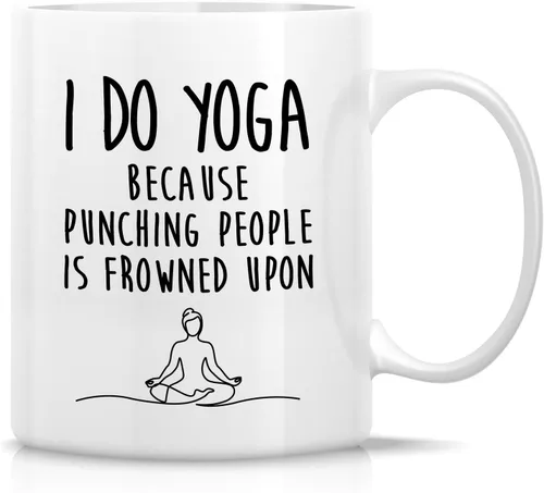 Retreez Divertida taza de yoga con texto en inglés "I Do Yoga Because Punching People Is Frowned Upon Meditation", tazas de café de cerámica de 11