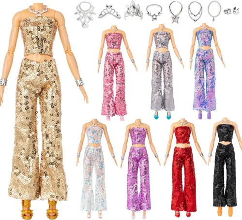 Juego de armario de muñeca de 38 piezas, 8 trajes de lentejuelas con purpurina, 10 mini vestidos, 10 zapatos, 10 joyas, se adapta a muñecas de 11.5