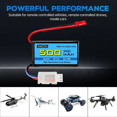 Miniatura 6 de 7.4V 500mAh 30C JST-2P Plug Lipo batería con USB para helicópteros controlados a distancia, cuadricópteros, autos de carreras micro FPV, drones