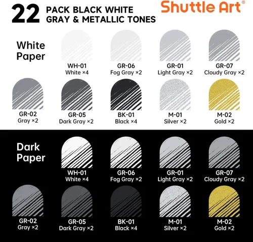 Miniatura 2 de Shuttle Art - Bolígrafos de colores, 22 tonos negro, blanco, gris y metálico, lindos bolígrafos para diario, 0.6mm de punta fina, bolígrafos de gel