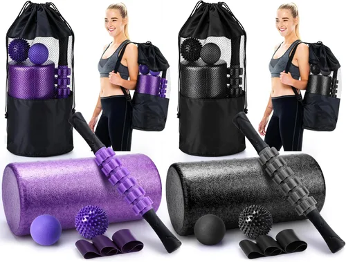 Soulchen Juego de 12 rodillos de espuma – Kit de recuperación muscular profunda 6 en 1, incluye rodillo de espalda, bola de masaje, palo muscular,