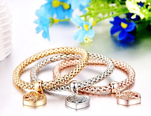 Miniatura 8 de SILANER Pulseras multicapa con dijes de cristal, 3 unidades, oro y plata, oro rosa, pulsera elástica en forma de corazón para mujer, árbol de la vida