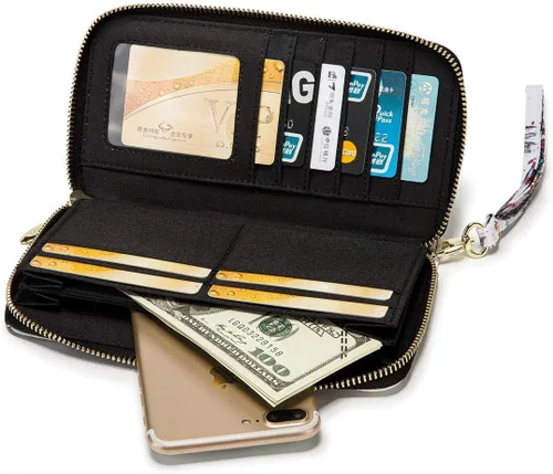 Miniatura 214 de Cartera de mano para mujer, estilo bohemio, con RFID, elegante, espaciosa con correa para viajes, capacidad para tarjetas, teléfono, dinero