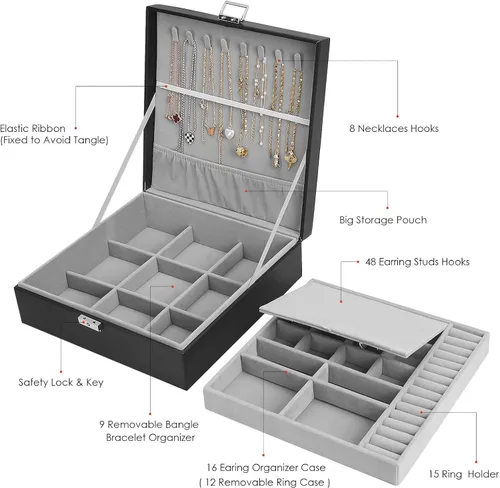 Miniatura 2 de Joyero joyero para mujeres y hombres con piel sintética organizador de joyas grande de 2 capas con cerradura para collares pulseras aretes anillos