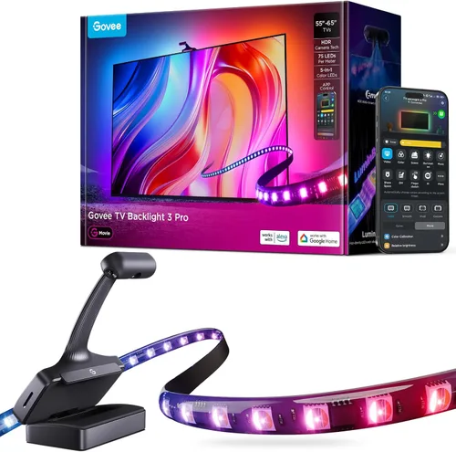 Govee Retroiluminación de TV 3 Pro con cámara triple HDR, tira de luces LED RGBWWIC 5 en 1 de 11.8 pies que cambian con televisores de 55 a 65