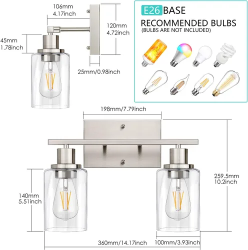 Miniatura 2 de ShineTech Lámparas de baño de 2 luces, modernas luces de tocador con pantalla de vidrio transparente, luz de tocador de baño de níquel cepillado