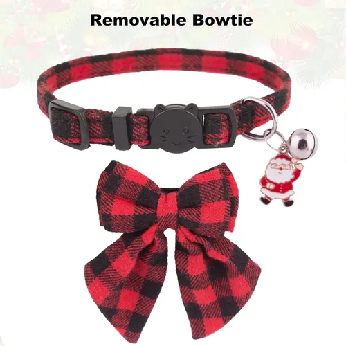 Miniatura 5 de PTDECOR Paquete de 2 Collares de Navidad para Gatos, Collar a Cuadros con Cascabel de Moño Extraíble, Collares de Navidad con Moño a Cuadros de Arco