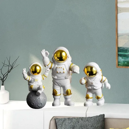 Miniatura 4 de 3 unids PVC astronauta estatuilla hombre espacial escultura abstracta decoración de la torta decoración del hogar niño regalo de cumpleaños (dorado)
