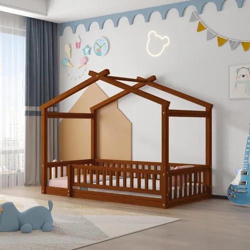Cama de casa tamaño individual con barandillas de valla, marco de cama de madera estilo Montessori para niños, divertidas camas de casa de juegos