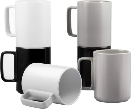 Miniatura 12 de E-liu Juego de 6 tazas de café de porcelana, tazas grandes de 16 onzas para café, té, cacao y bebidas calientes, color negro