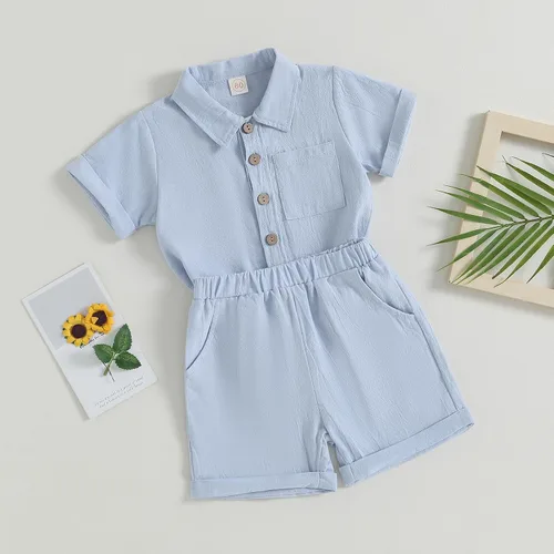 Miniatura 3 de AEEMCEM Conjunto de 2 piezas de camisa y pantalones cortos de algodón de lino de algodón de color liso para niños pequeños