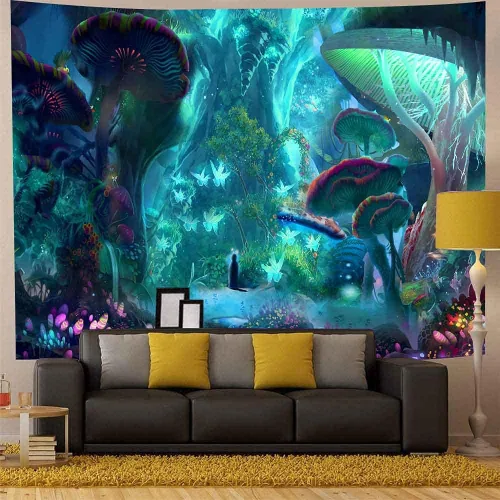 Miniatura 4 de Aidatain Tapiz de planta de hongos del bosque encantado, cuento de hadas, árbol grande, paisaje de selva, para colgar en la pared, de franela grande