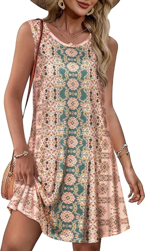 Vestidos veraniegos para mujer, para la playa, bohemios, sin mangas, estilo vintage, florales, holgados, tipo camiseta sin mangas, con bolsillos