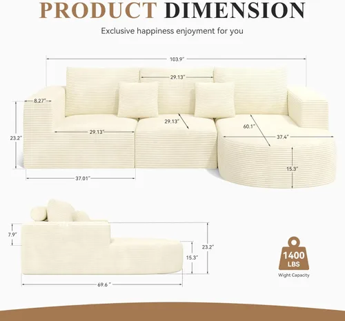 Miniatura 2 de Sofá modular con diván en forma de L, sofá cama moderno seccional Cloud con asiento profundo, sofás de compresión de esponja, no requiere montaje