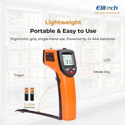 Miniatura 8 de Elitech Pistola de temperatura láser, termómetro infrarrojo digital sin contacto, emisividad ajustable, luz de fondo, de mano para parrilla, carne