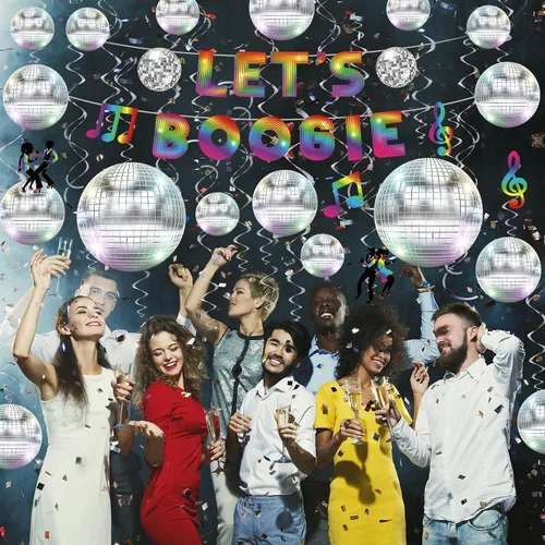 Miniatura 7 de Tiamon 48 piezas de decoraciones de fiesta de discoteca Lets Boogie Banner de los años 70 con remolinos colgantes de fiesta temática de los años 70