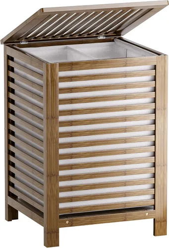 Miniatura 14 de SMIBUY Cesta de lavandería doble con tapa, cesta de lavandería de bambú de 120L con bolsa interior extraíble, clasificador de ropa de 2 secciones