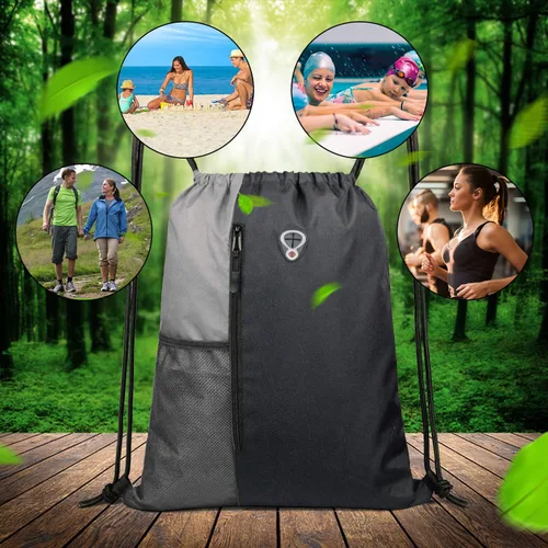 Miniatura 7 de Mochila con cordón, con estilo deportivo, bolsa de gimnasio para mujeres, hombres y niños, bolsa de gran tamaño con zíper y bolsillos de malla