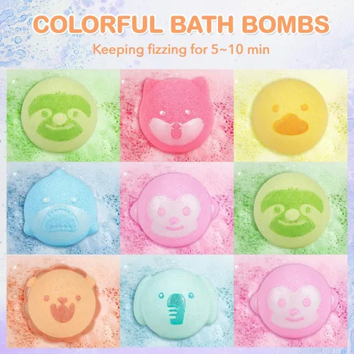 Miniatura 4 de SHUCHING 14 bombas de baño de animales coloridos para niños, bolas de baño de burbujas orgánicas para niños pequeños, juego de regalos de cumpleaños