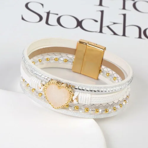 Miniatura 4 de Jewbelet - Pulsera de cuero estilo bohemio con cuentas de cristal con cierre de joyería para mujer