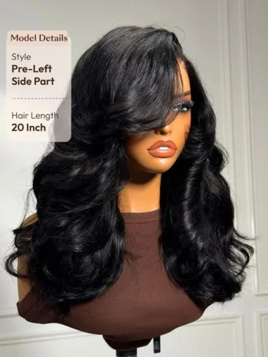 Miniatura 3 de Nadula Bye Bye Slip Peluca de Cabello Humano con Capas Emplumadas y Raya Lateral con Cordón, Densidad 200%, Sin Pegamento Pre Cortada 7X5 Loose Body