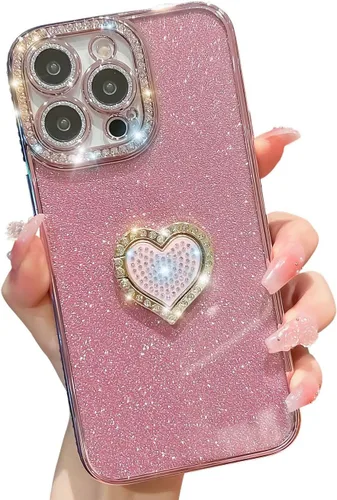 Miniatura 22 de Bonita funda compatible con iPhone 13 Pro de 6.1 pulgadas, diamantes brillantes + fundas de tarjetas con purpurina con soporte de corazón de amor