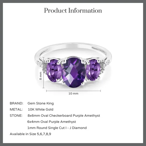 Miniatura 4 de Gem Stone King Anillo de compromiso ovalado de oro blanco de 10 quilates, amatista púrpura y diamante con detalle de 3 piedras