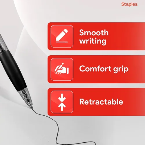 Miniatura 3 de STAPLES Bolígrafos retráctiles de punta media de 1.0 mm, tinta negra, paquete de 12 – Bolígrafos cómodos y de escritura suave para uso diario