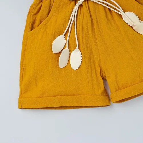 Miniatura 8 de FOCUTEBB Conjunto de ropa corta de verano para niñas pequeñas, camiseta de lino con cinturón