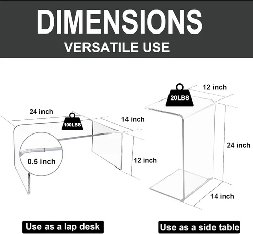 Miniatura 3 de Mesa auxiliar acrílica, 12 pulgadas de profundidad x 20 pulgadas de ancho x 10 pulgadas de alto, mesa auxiliar transparente multiusos en forma de C